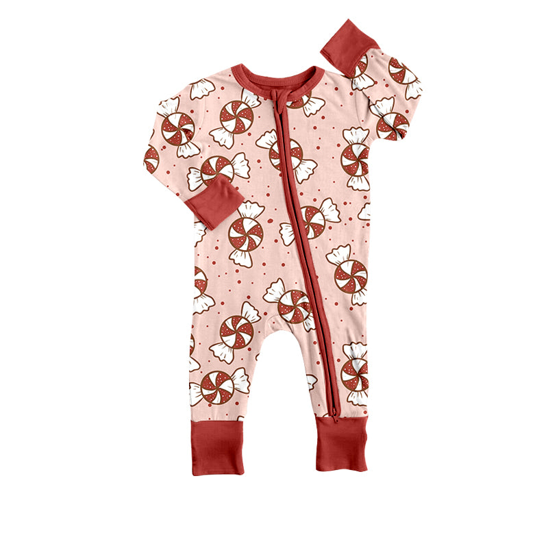 (Custom Design Preorder MOQ 5)  Christmas Candy Print Baby Girls Sleeper Zipper Romper