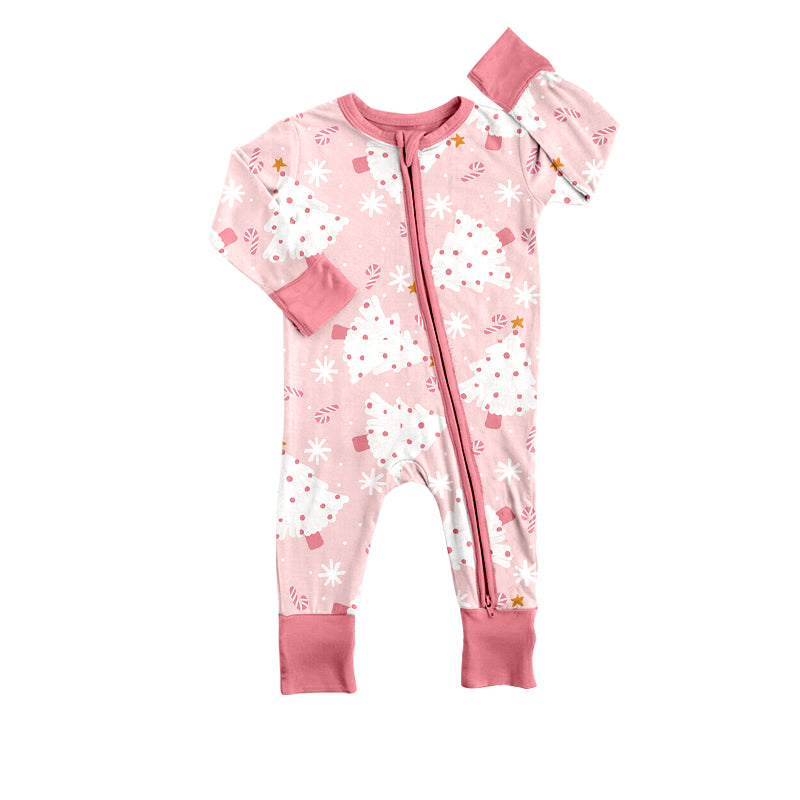 (Custom Design Preorder MOQ 5) Christmas Tree Pink Print Baby Girls Sleeper Zipper Romper