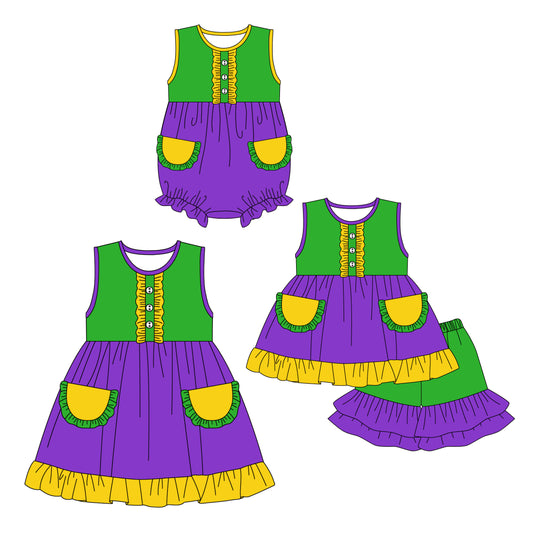 12.14(Custom Design Preorder MOQ 5 Each Design) Green Purple Yellow Colors Girls Mardi Gras Matching Clothes Sisters Wear