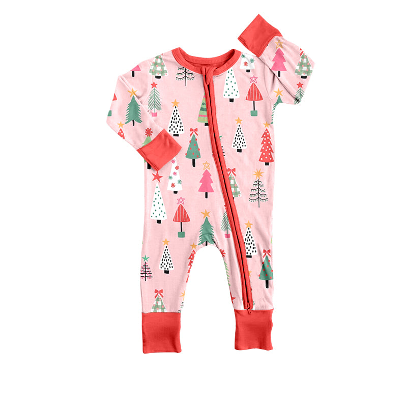 (Custom Design Preorder MOQ 5) Christmas Tree Print Baby Girls Sleeper Zipper Romper