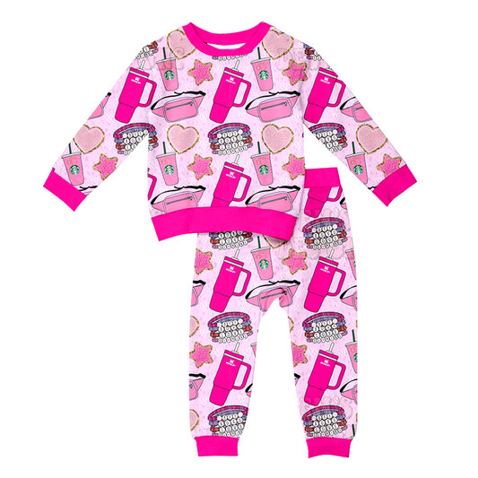 (Custom Design Preorder MOQ 5) Pink Heart Stars Bag Cup Print Girls Fall Pajamas Clothes Set