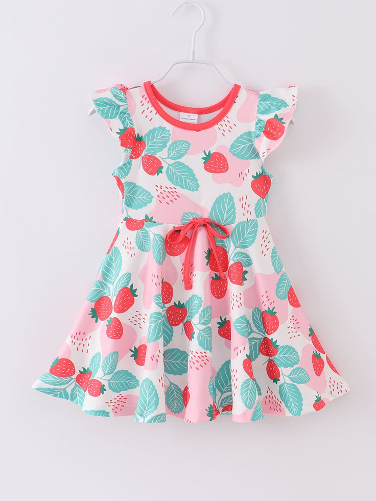 (Custom Design Preorder MOQ 5)  Strawberry Print Girls Knee Length Summer Dress