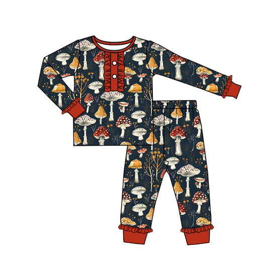 (Custom Design Preorder MOQ 5) Mushroom Print Girls Fall Pajamas Clothes Set
