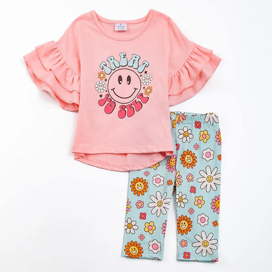 (Custom Design Preorder MOQ 5) TREAT Flowers Pink Top Capri Pants Girls Clothes Set