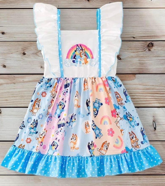 (Custom Design Preorder MOQ 5) Cartoon Blue Dog Print Girls Knee Length Summer Dress