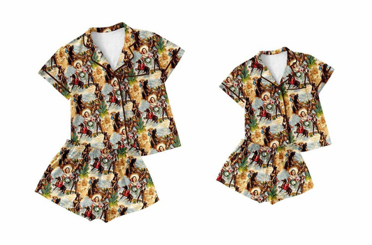 2.7(Custom Design Preorder MOQ 5 Each Design) Cowgirl Western Print Buttons Pajamas Sets Mom and Me Summer Matching Clothes