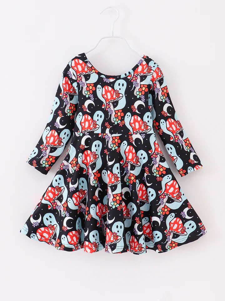 (Custom Design Preorder MOQ 5) Mushroom Ghost Print Girls Knee Length Halloween Dress