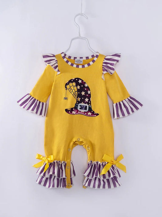 (Custom Design Preorder MOQ 5) Witch's Hat Yellow Print Baby Girls Halloween Romper