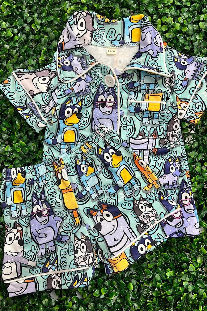 (Custom Design Preorder MOQ 5) Cartoon Dog Print Girls Summer Pajamas Clothes Set