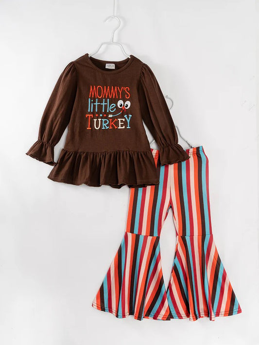 (Custom Design Preorder MOQ 5) Mommy's Little Turkey Top Stripes Bell Pants Girls Thanksgiving Clothes Set