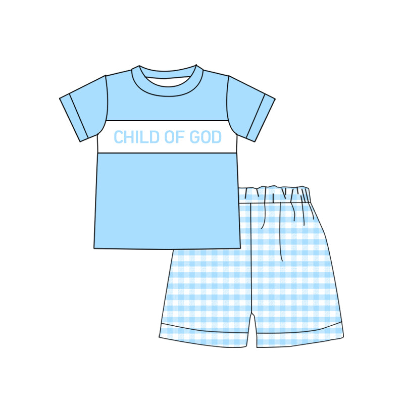 (Custom Design Preorder MOQ 5)  CHILD OF GOD Aqua Top Plaid Shorts Boys Summer Clothes Set