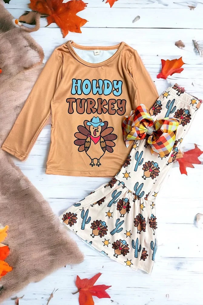 (Custom Design Preorder MOQ 5) Howdy Pumpkin Bell Pants Girls Thanksgiving Clothes Set