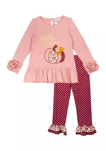 (Custom Design Preorder MOQ 5) Hello Pumpkin Pink Top Dots Pants Girls Fall Clothes Set