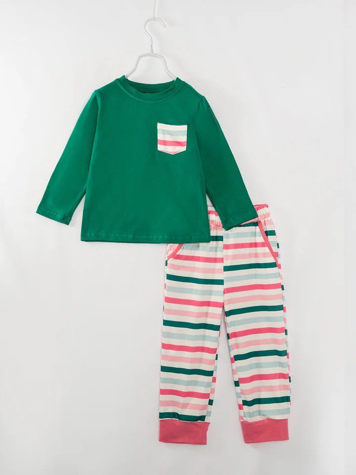 (Custom Design Preorder MOQ 5) Green Pocket Top Stripes Pants Boys Christmas Pajamas Clothes Set