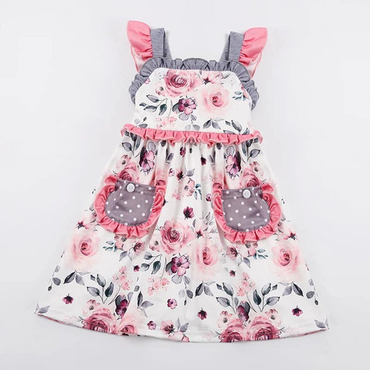 (Custom Design Preorder MOQ 5) Pink Flowers Print Pockets Girls Knee Length Summer Dress