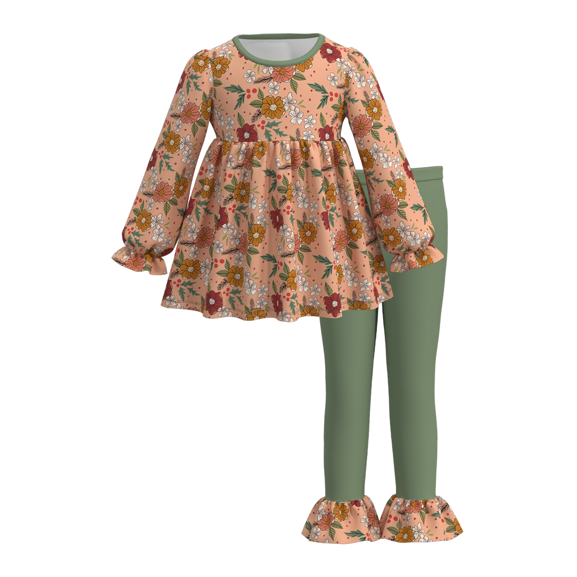 (Custom Design Preorder MOQ 5) Flowers Tunic Top Green Pants Girls Fall Clothes Set