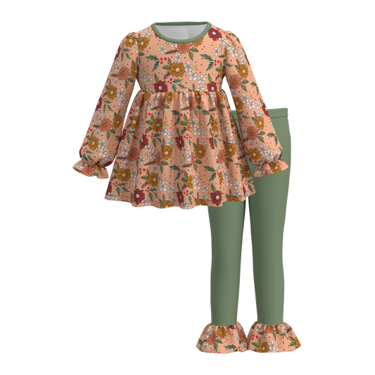 (Custom Design Preorder MOQ 5) Flowers Tunic Top Green Pants Girls Fall Clothes Set