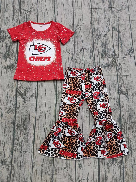 (Custom Design Preorder MOQ 5) Team's KC CHIEFS Top Leopard Bell Pants Girls Clothes Set