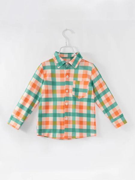 (Custom Design Preorder MOQ 5) Orange Green Plaid Print Boys Fall Tee Shirts Top