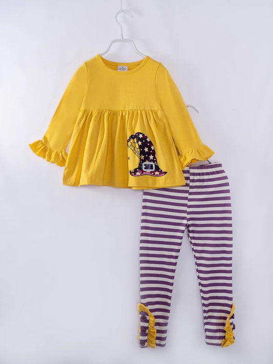 (Custom Design Preorder MOQ 5) Witch's Hat Yellow Tunic Top Purple Pants Girls Halloween Clothes Set