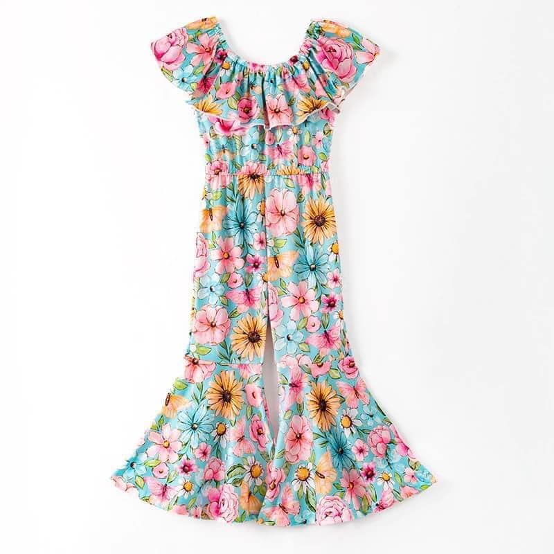 (Custom Design Preorder MOQ 5) Colorful Flowers Print Girls Summer Jumpsuits