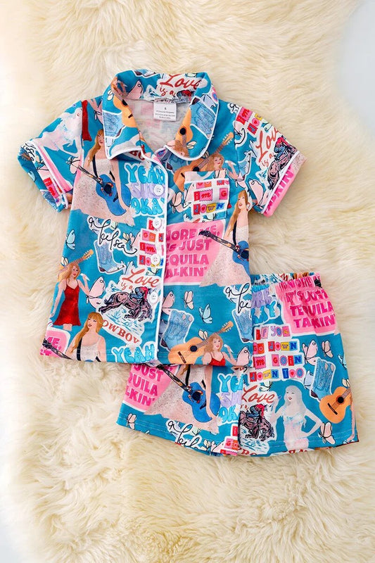 (Custom Design Preorder MOQ 5) Singer Swiftie Print Girls Summer Pajamas Clothes Set