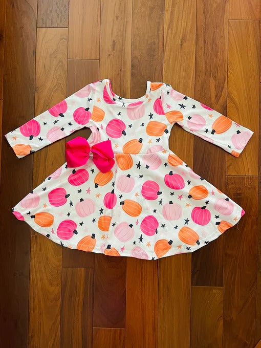 (Custom Design Preorder MOQ 5) Pumpkin Print Girls Knee Length Fall Dress