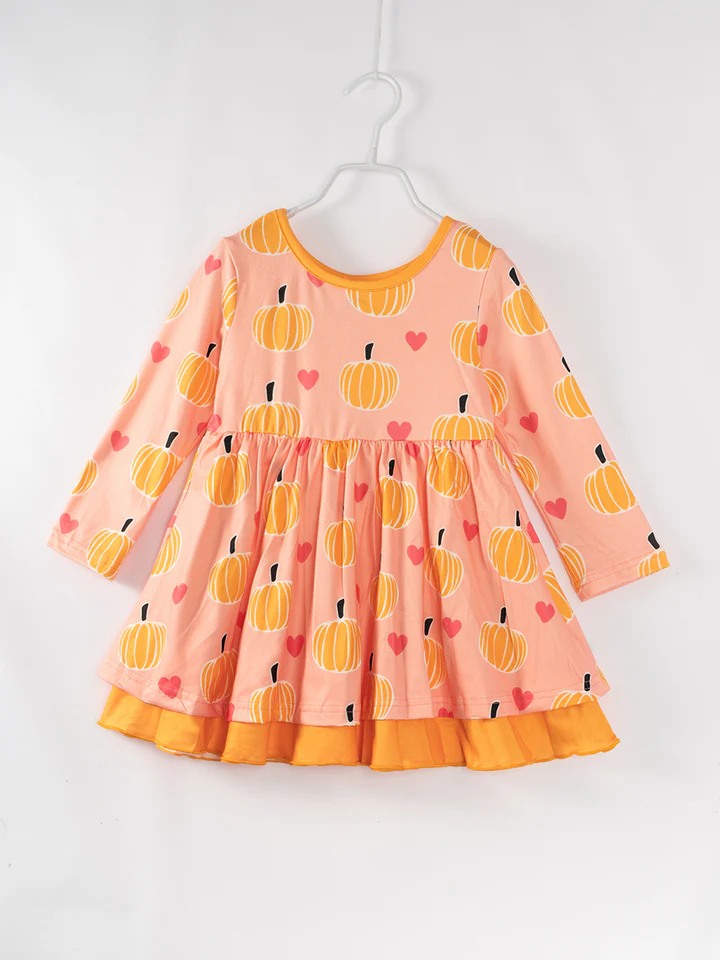 (Custom Design Preorder MOQ 5) Pumpkin Heart Print Girls Knee Length Fall Dress