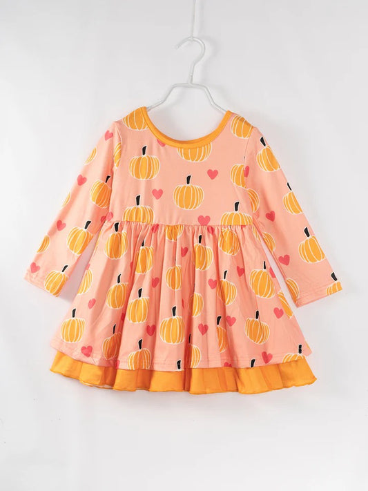 (Custom Design Preorder MOQ 5) Pumpkin Heart Print Girls Knee Length Fall Dress