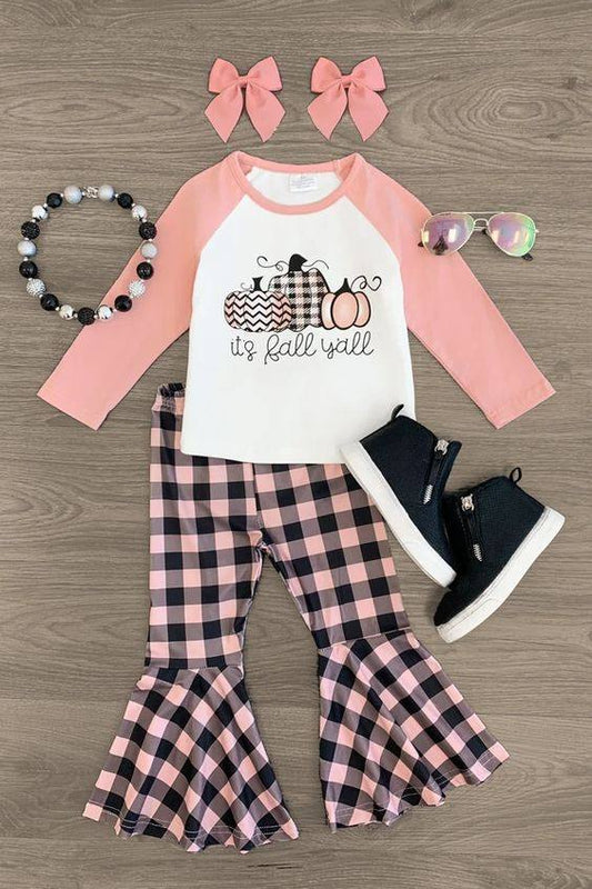 (Custom Design Preorder MOQ 5) It's Fall Y'all Pumpkin Top Plaid Bell Pants Girls Fall Clothes Set