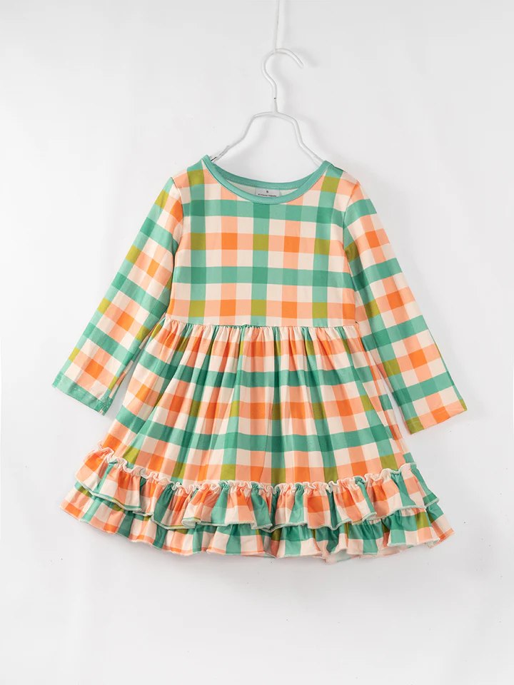 (Custom Design Preorder MOQ 5) Orange Green Plaid Print Girls Knee Length Fall Dress