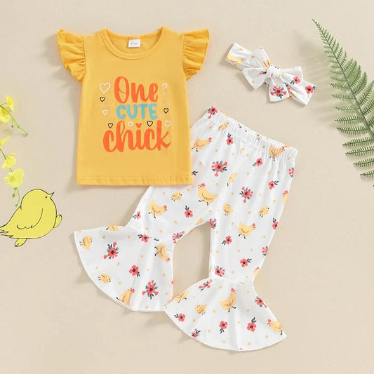 (Custom Design Preorder MOQ 5) One Cute Chick Bell Pants Girls Fall Clothes Set