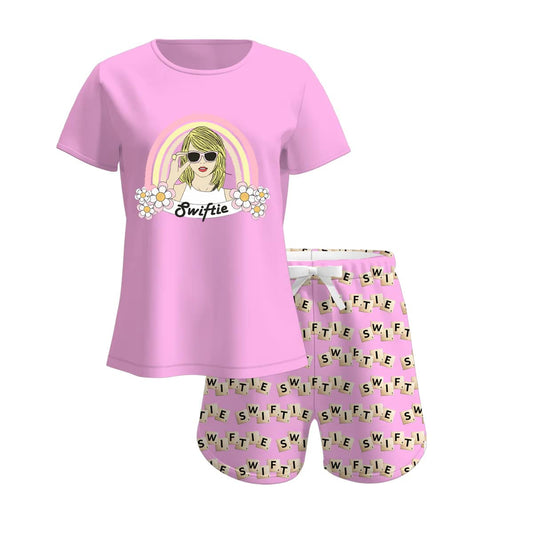 (Custom Design Preorder MOQ 5) Pink Flowers Singer Swiftie Print Girls Summer Clothes Set