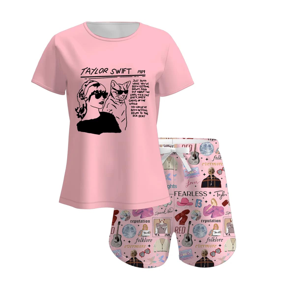 (Custom Design Preorder MOQ 5) Pink Cat Singer Swiftie Print Girls Summer Clothes Set