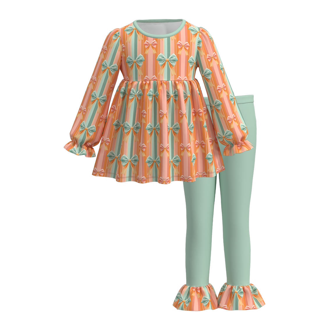 (Custom Design Preorder MOQ 5) Bows Stripes Tunic Top Green Pants Girls Fall Clothes Set