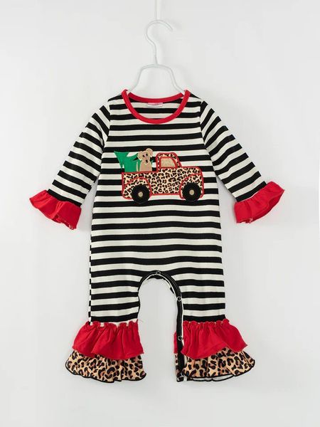 (Custom Design Preorder MOQ 5) Dog Leopard Truck Stripes Print Baby Girls Christmas Romper