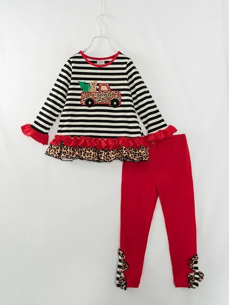 (Custom Design Preorder MOQ 5) Dog Leopard Truck Tunic Top Red Pants Girls Christmas Clothes Set