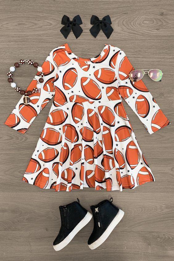 (Custom Design Preorder MOQ 5) Football Print Girls Knee Length Summer Dress