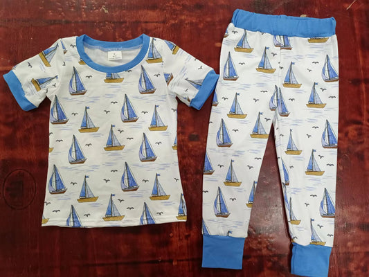 (Custom Design Preorder MOQ 5)  Sailboat Print Boys Pajamas Clothes Set