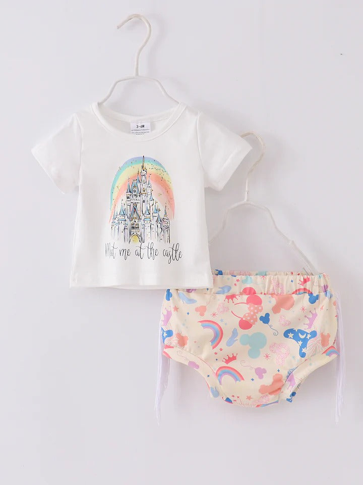 (Custom Design Preorder MOQ 5) Meet Me At The Castle Print Baby Girls Summer Bummie Sets