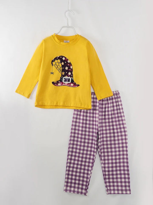 (Custom Design Preorder MOQ 5) Witch's Hat Yellow Top Purple Pants Boys Halloween Clothes Set