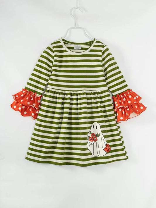 (Custom Design Preorder MOQ 5) Pumpkin Ghost Stripes Print Girls Knee Length Halloween Dress