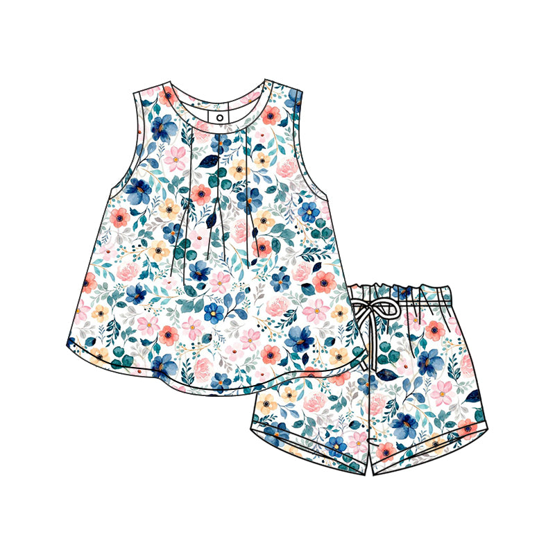 12.9(Custom Design Preorder MOQ 5) Blue Flowers Sleeveless Top Shorts Girls Summer Clothes Set