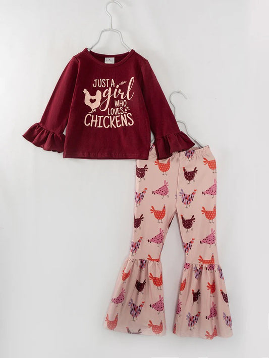 (Custom Design Preorder MOQ 5)  Just A Girl Who Loves Chickens Print Bell Pants Girls Fall Clothes Set