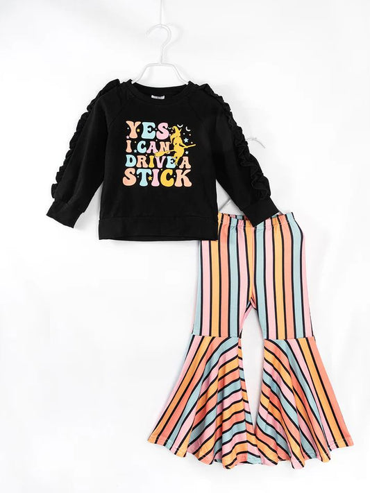 (Custom Design Preorder MOQ 5) Yes I Can Drive A Stick Top Stripes Bell Pants Girls Halloween Clothes Set