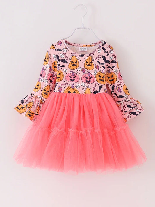 (Custom Design Preorder MOQ 5) Pumpkin Print Girls Knee Length Halloween Tulle Dress