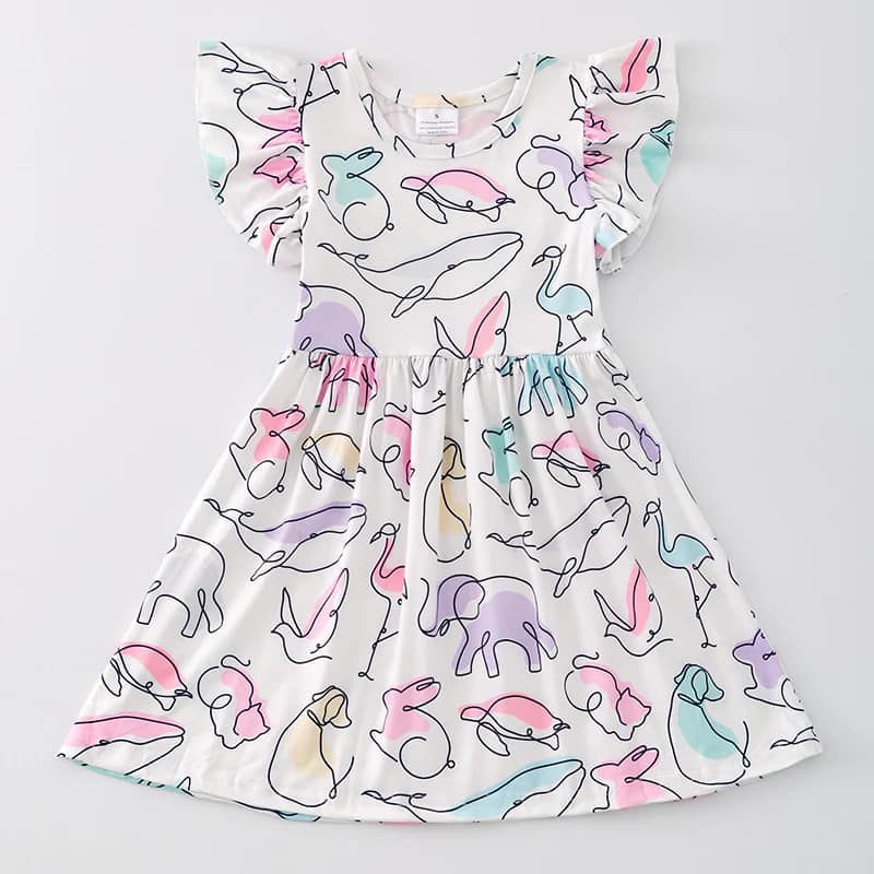 (Custom Design Preorder MOQ 5) Colorful Animals Print Girls Knee Length Summer Dress