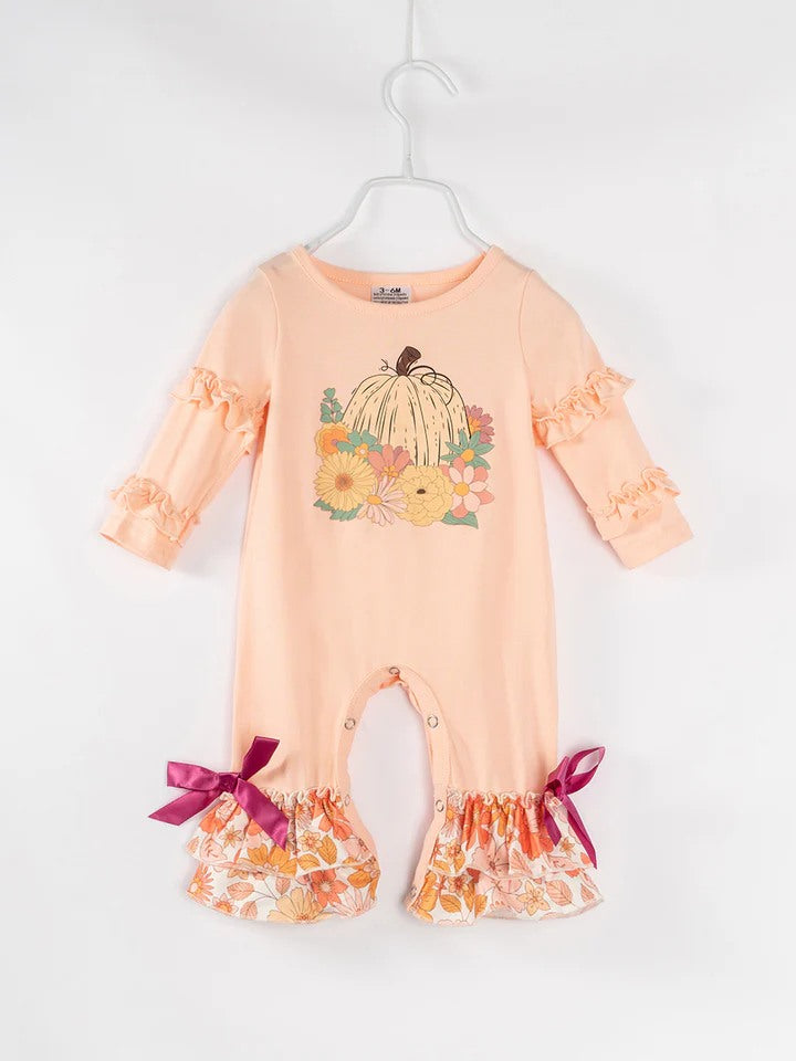 (Custom Design Preorder MOQ 5) Pumpkin Flowers Print Baby Girls Fall Romper