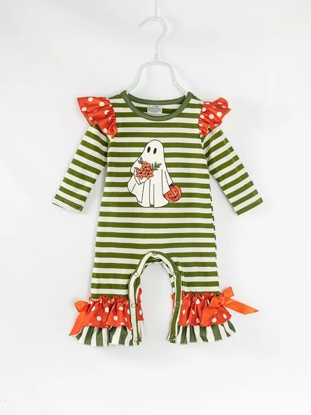 (Custom Design Preorder MOQ 5) Pumpkin Ghost Stripes Print Baby Girls Halloween Romper