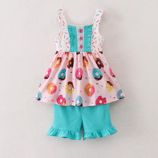 (Custom Design Preorder MOQ 5) Doughnut Tunic Top Blue Ruflle Shorts Girls Summer Clothes Set